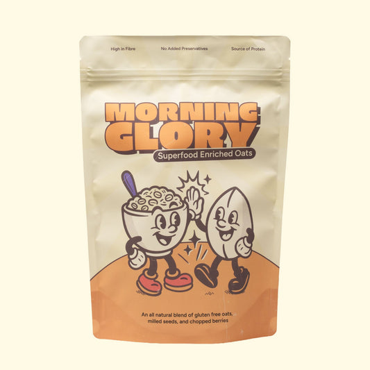 Package of 'Morning Glory' superfood enriched oats with cartoon characters on a beige background