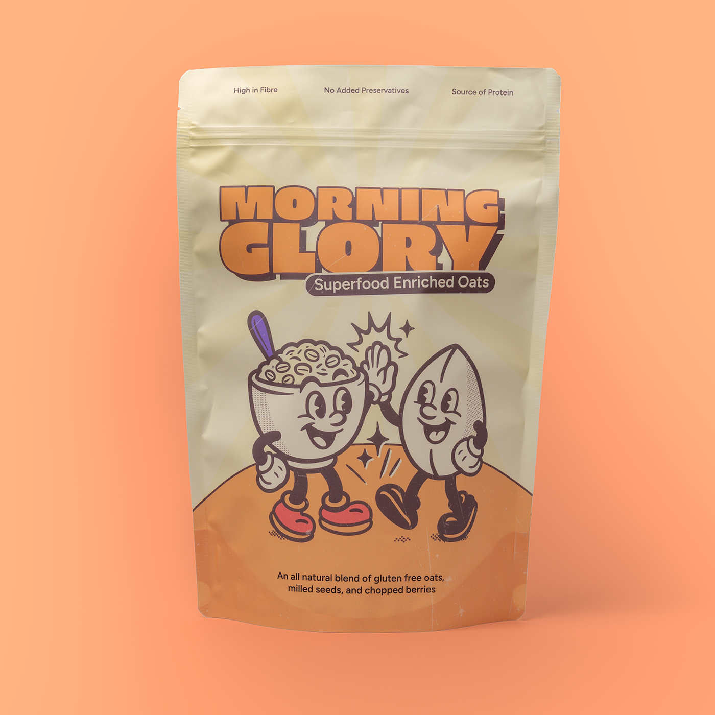 Package of 'Morning Glory' superfood enriched oats on an orange background