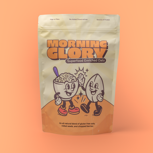 Package of 'Morning Glory' superfood enriched oats on an orange background